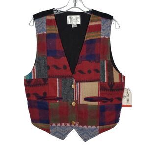 Womens Wool Tweed Patchwork Vest L Plaid Stripes Western Grunge Boho Multi